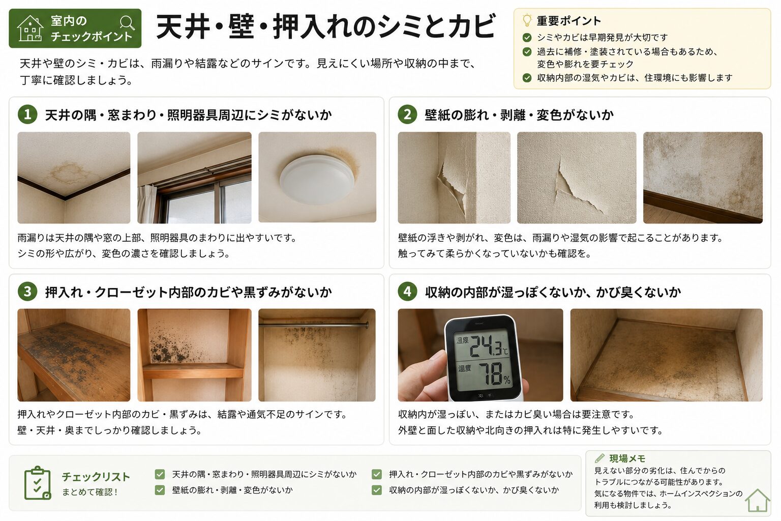 天井・壁・押入れのシミとカビの確認ポイント